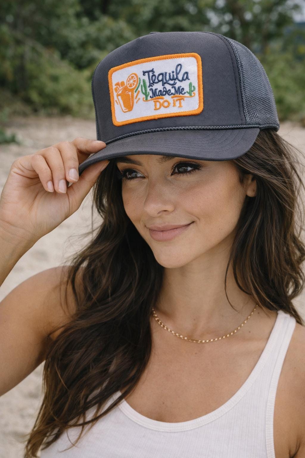 Charcoal Tequila Made Me Do It Trucker Hat, Embroidered Patch Snapback