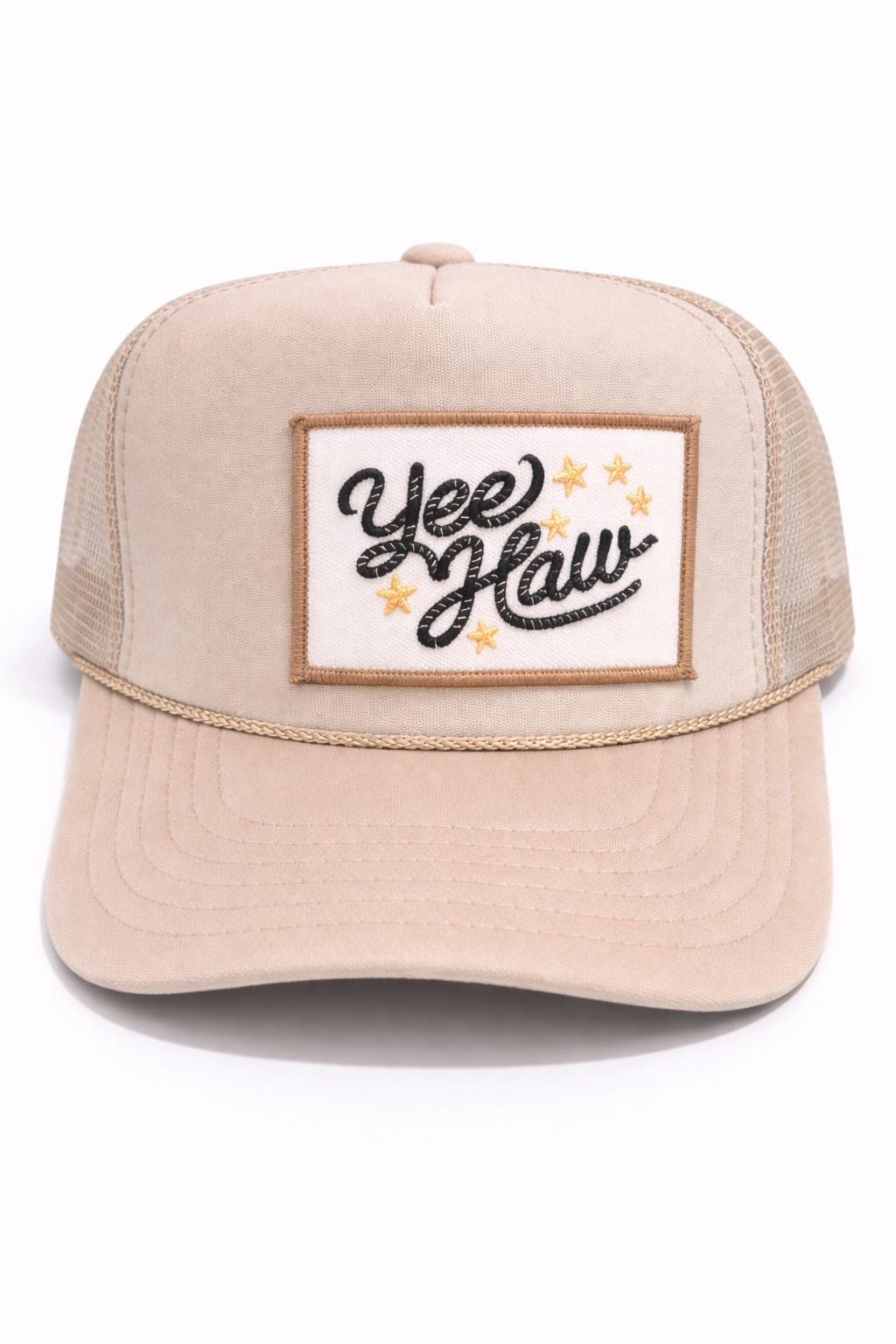 Beige Embroidered Yee Haw Trucker Hat – Western Cowgirl Snapback Style