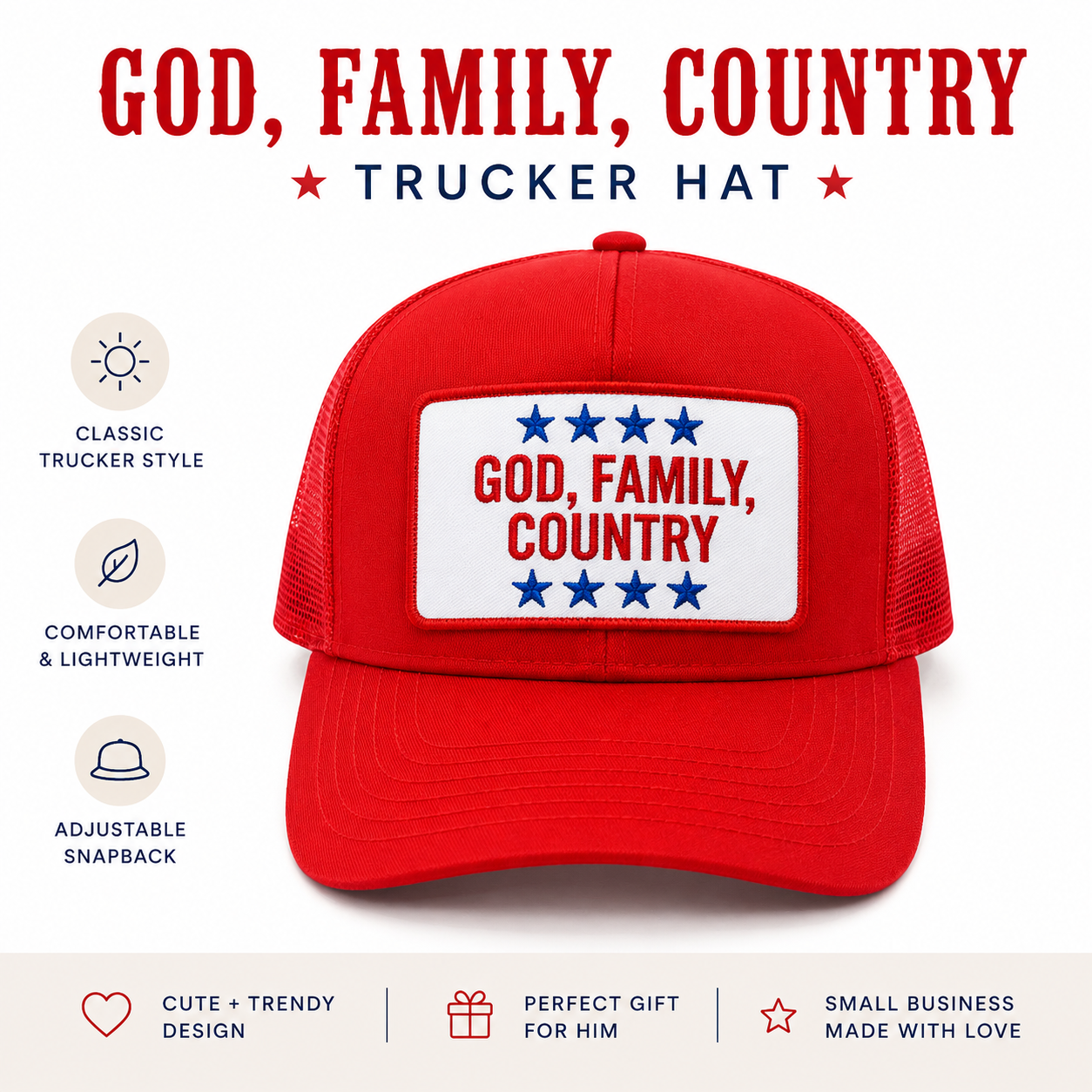 God Family Country Trucker | Patriotic Trucker Hat | American Pride Hat | Fourth of July Hat | USA Hat | Conservative Hat | Patriotic Cap
