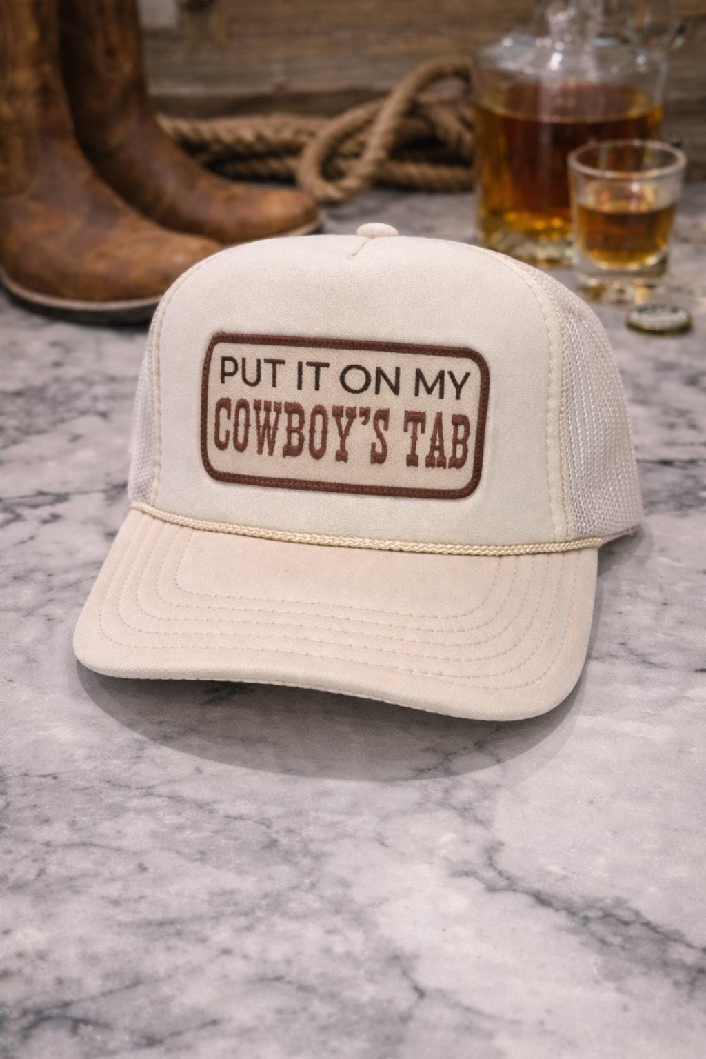 Cowboy's Tab Trucker Hat | Cream Western Cap, Unisex Fit