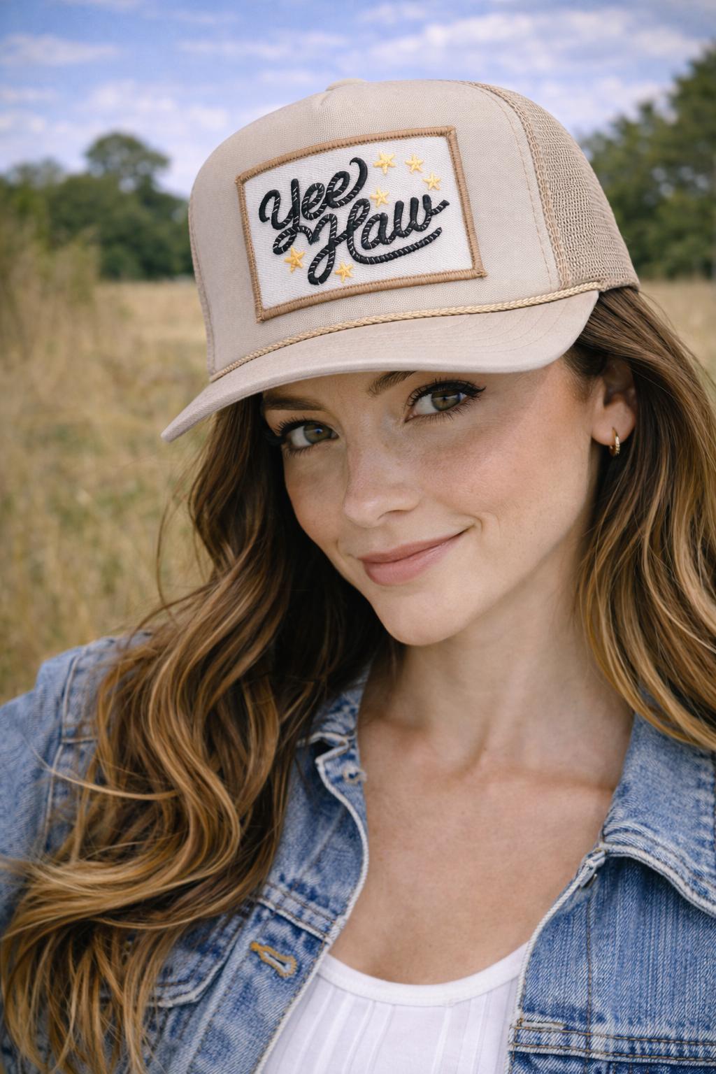 Beige Embroidered Yee Haw Trucker Hat – Western Cowgirl Snapback Style