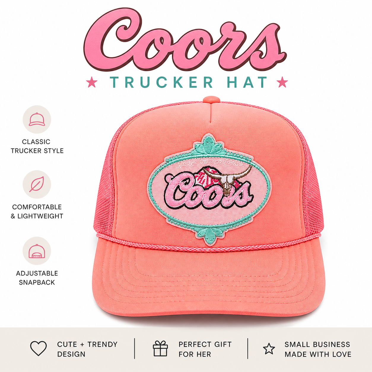 Coors Trucker Hat – Coral Pink Foam Mesh Hat, Country Western Snapback, Vintage Beer Style Hat