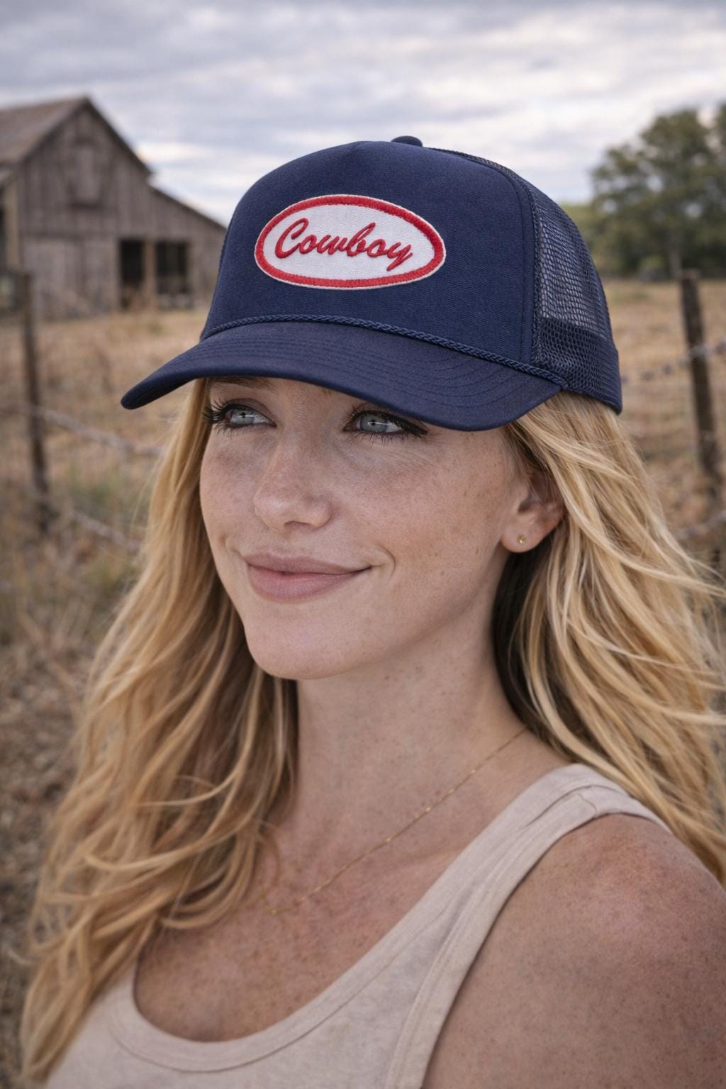 Cowboy Trucker Hat – Navy Mesh Snapback, Western Style Hat, Country Aesthetic Cap, Unisex Western Hat