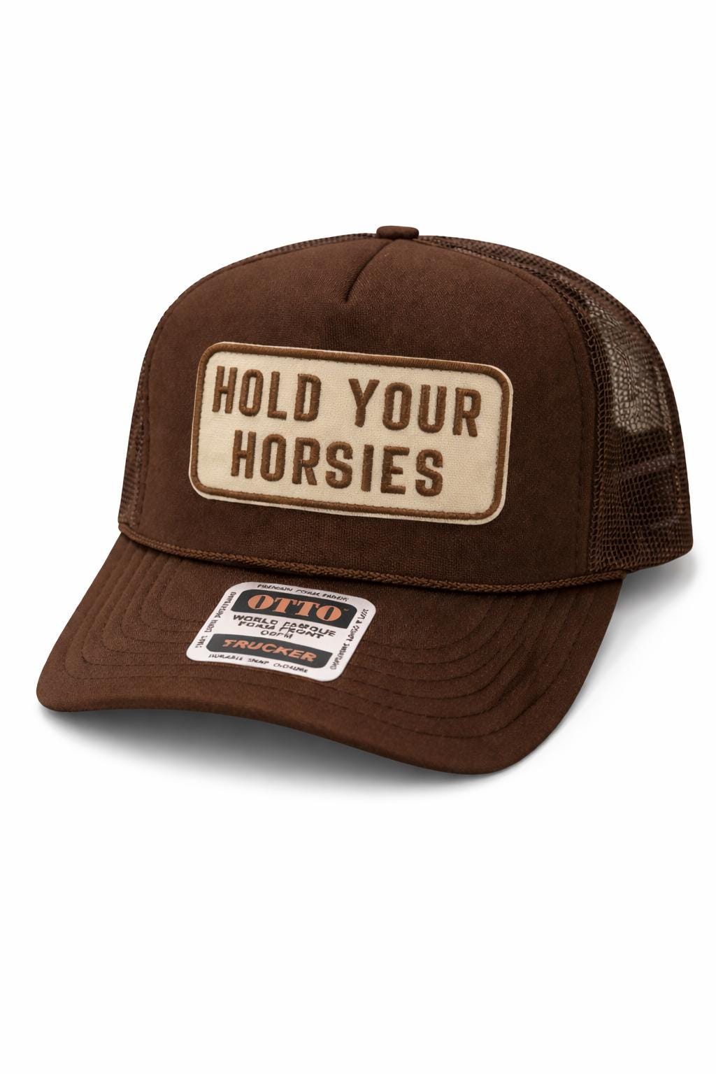 Brown Trucker Hat | Embroidered "Hold Your Horsies" Patch, Western Style
