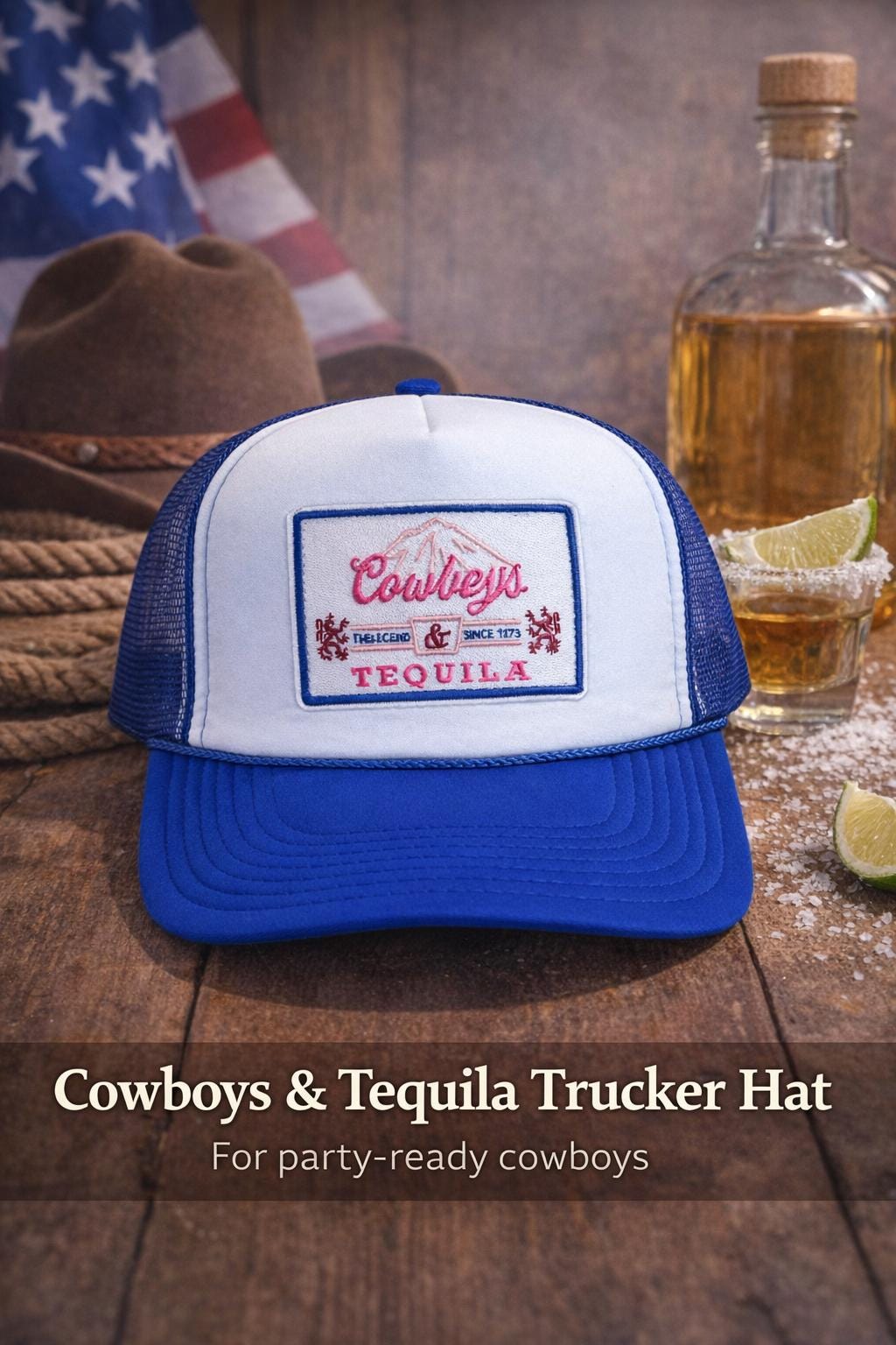 Cowboys Tequila Trucker Hat: Blue White Western Cap Concert Accessory