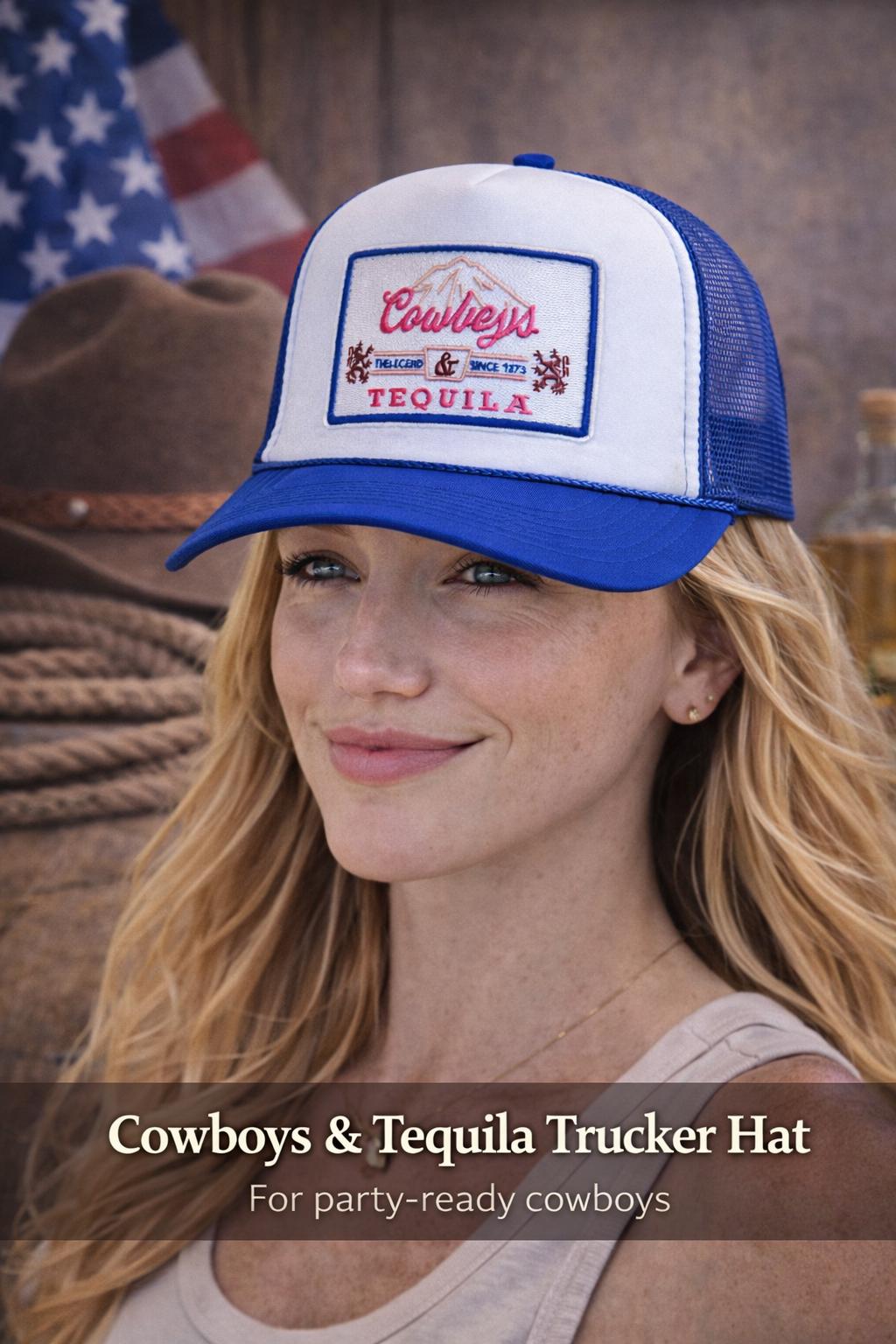 Cowboys Tequila Trucker Hat: Blue White Western Cap Concert Accessory