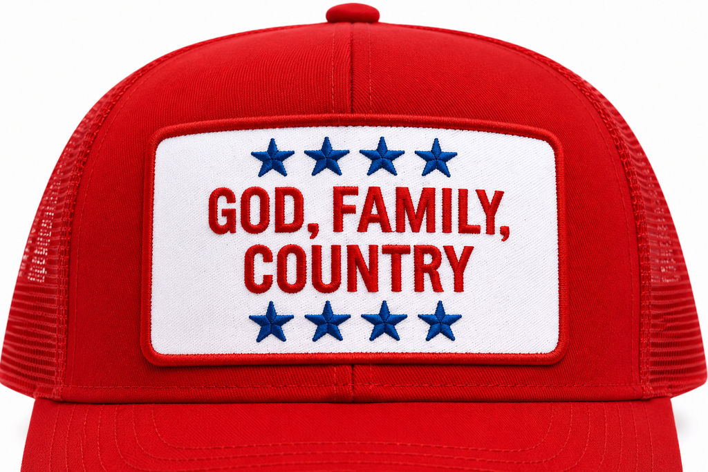 God Family Country Trucker | Patriotic Trucker Hat | American Pride Hat | Fourth of July Hat | USA Hat | Conservative Hat | Patriotic Cap
