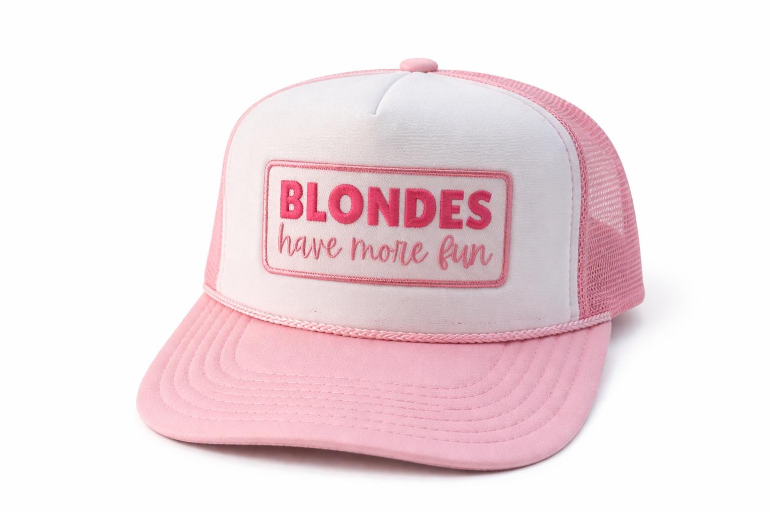 Blondes Have More Fun Trucker Hat – Pink White Embroidered Snapback