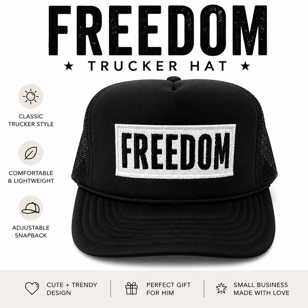Black Freedom Trucker Hat | White Embroidered Patch, Unisex Americana Style