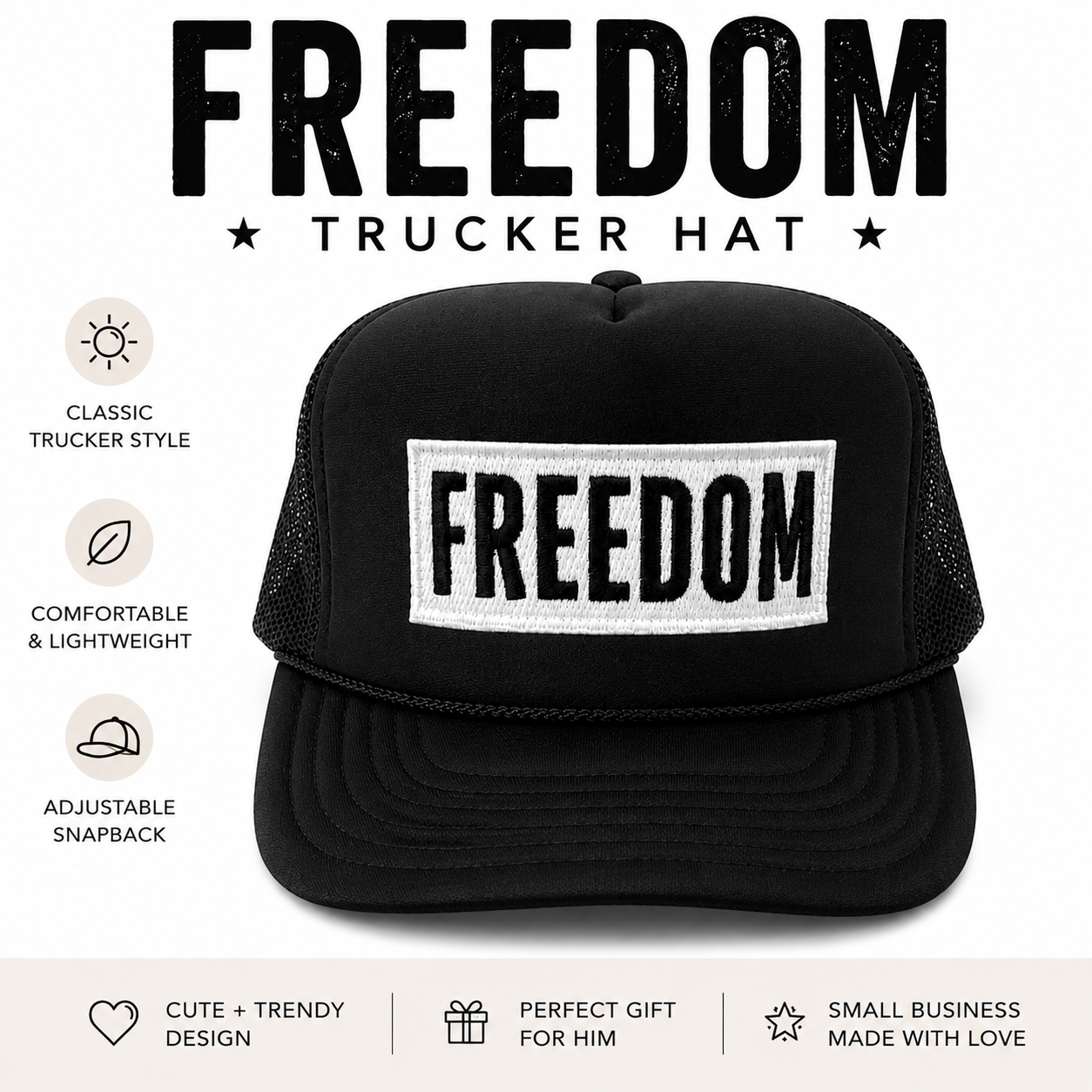 Black Freedom Trucker Hat | White Embroidered Patch, Unisex Americana Style