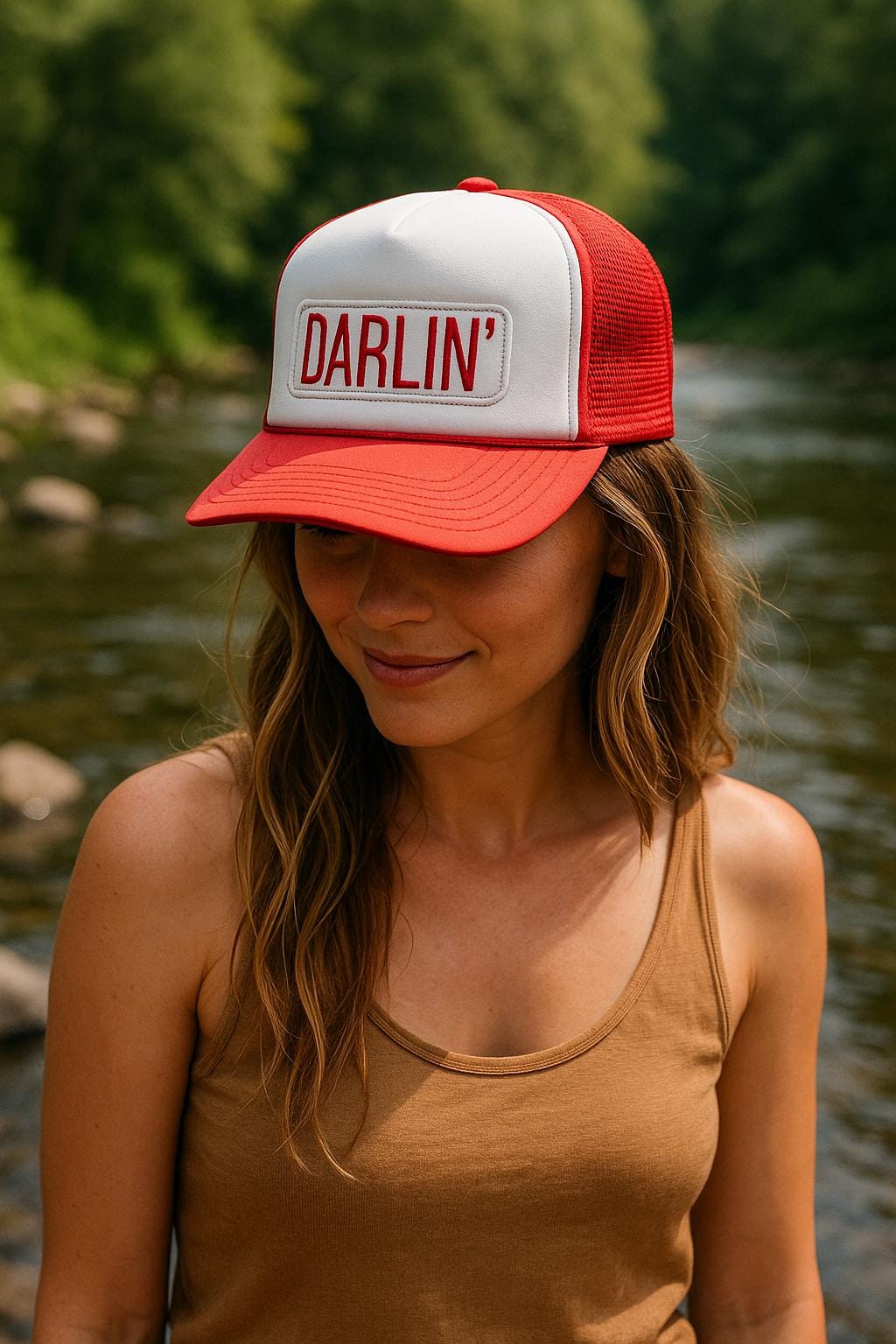 Darlin' Trucker Hat – Red White Retro Baseball Cap, Adjustable Snapback