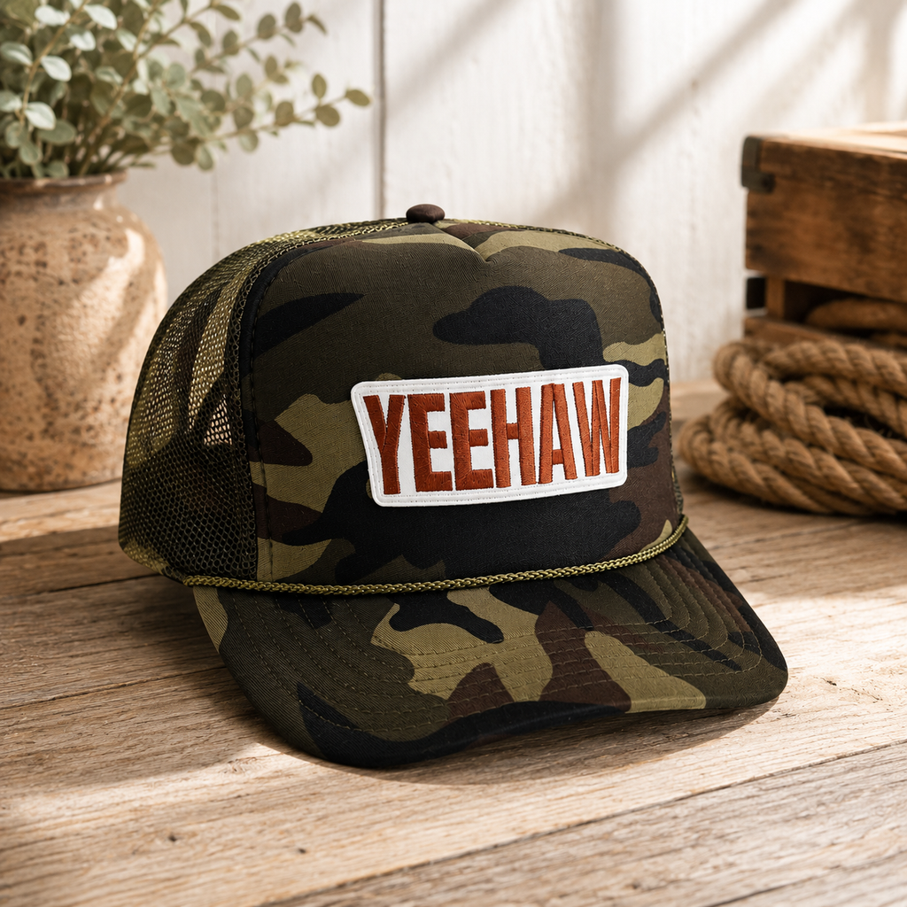 YEEHAW Camo Trucker Hat – Embroidered Western Snapback Cap