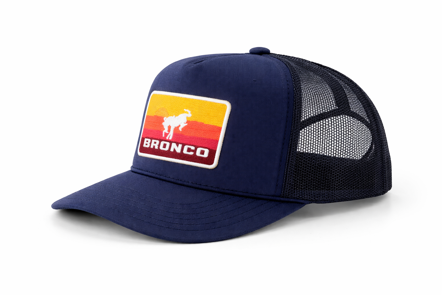 Bronco Trucker Hat – Retro Sunset Patch Snapback