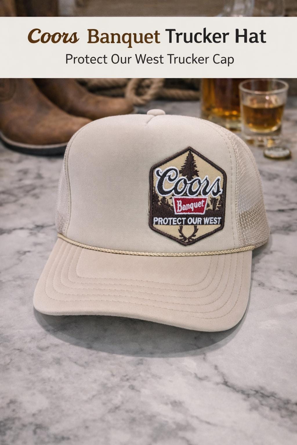 Coors Banquet Trucker Hat | Protect Our West Hat | Beige Western Trucker Cap | Outdoor Lifestyle Hat | Unisex Gift