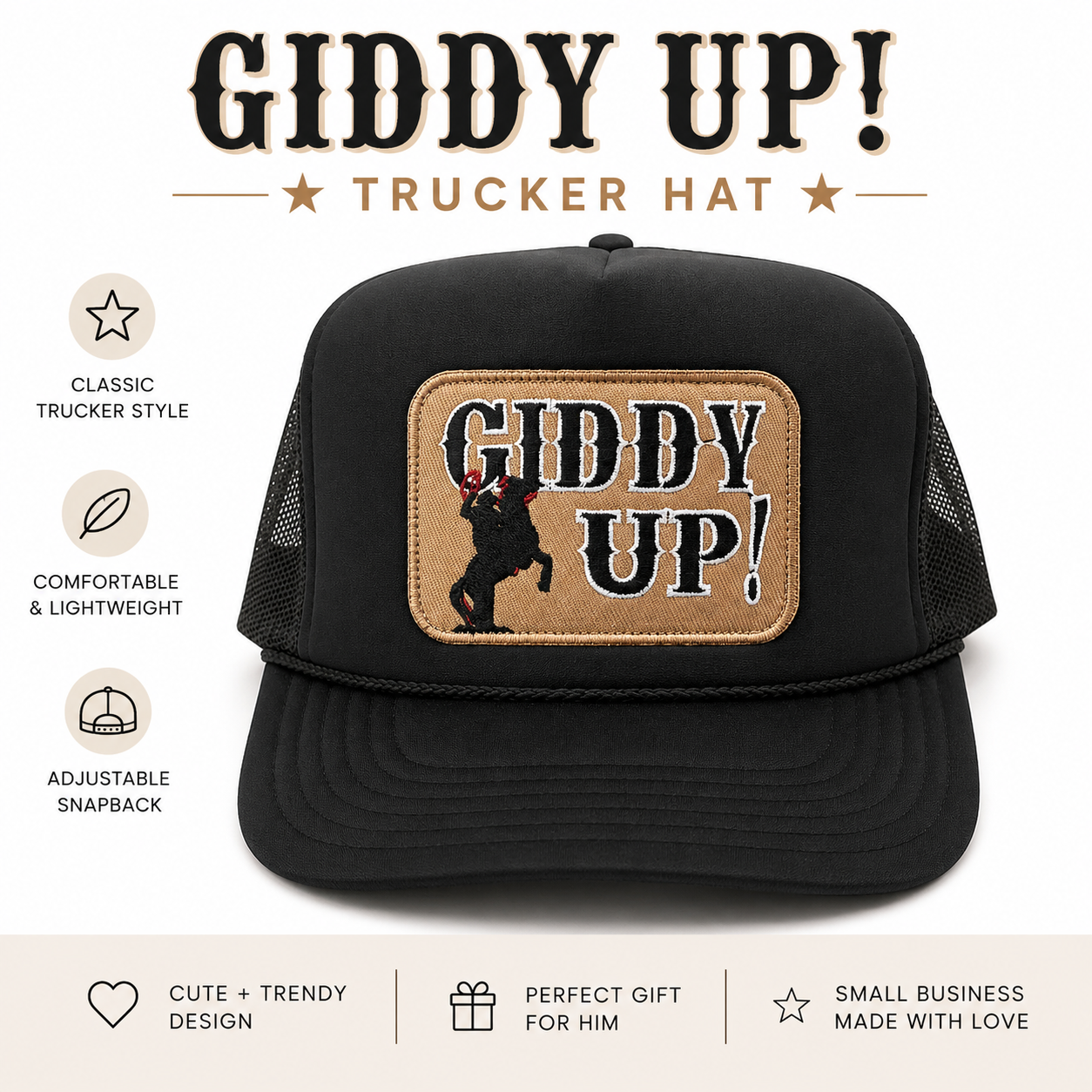 Giddy Up Trucker Hat – Western Cowboy Snapback Cap
