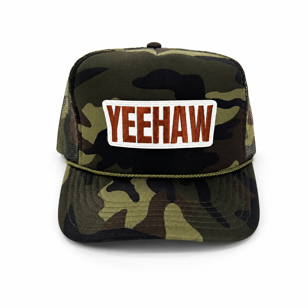 YEEHAW Camo Trucker Hat – Embroidered Western Snapback Cap