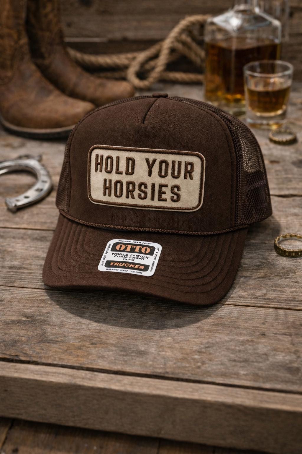 Brown Trucker Hat | Embroidered "Hold Your Horsies" Patch, Western Style