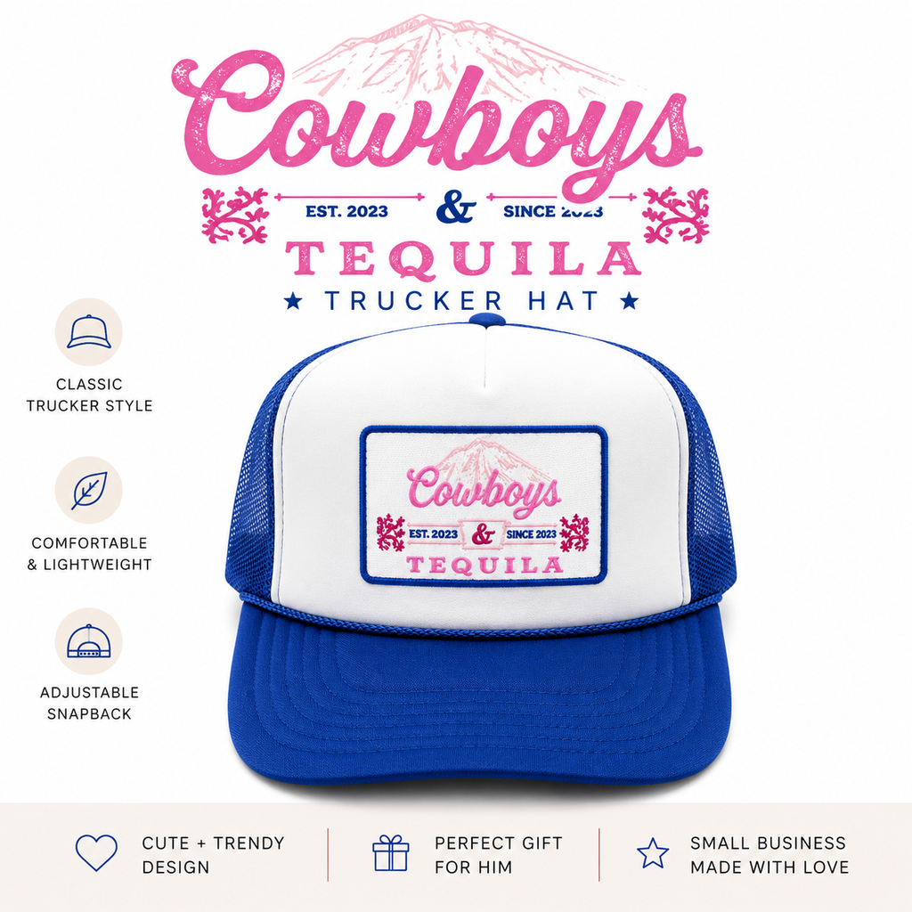 Cowboys Tequila Trucker Hat: Blue White Western Cap Concert Accessory