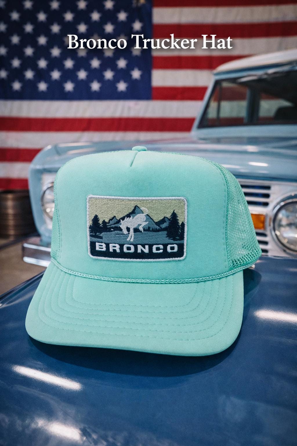 Mint Green Bronco Trucker Hat – Embroidered Mountain Patch Snapback