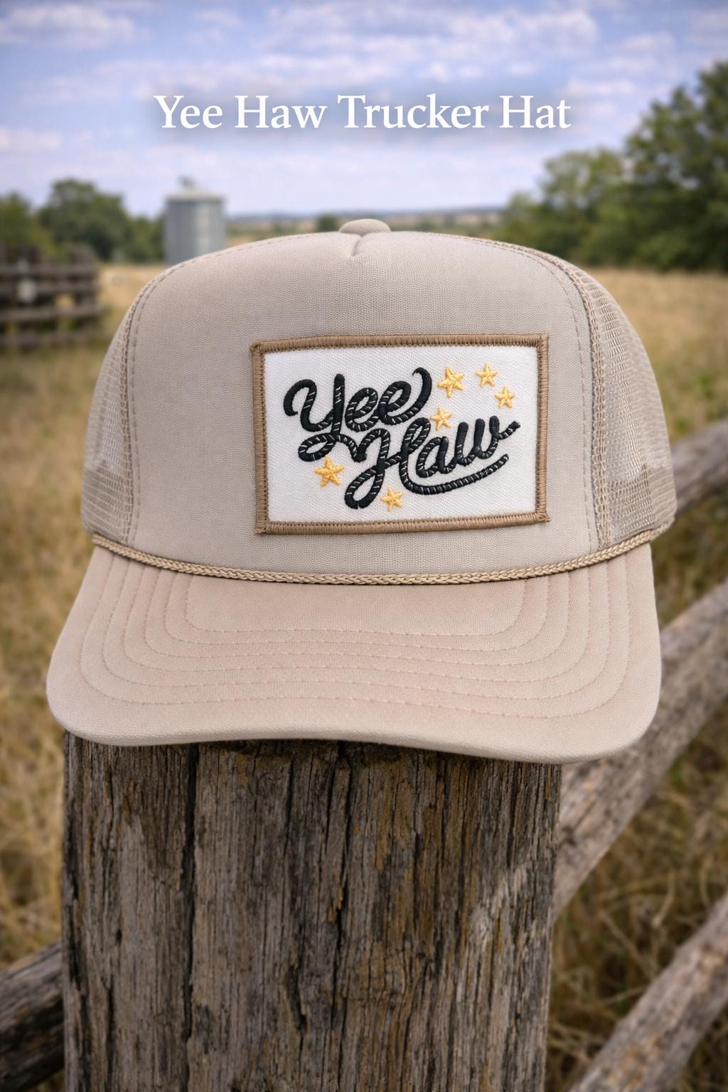 Beige Embroidered Yee Haw Trucker Hat – Western Cowgirl Snapback Style