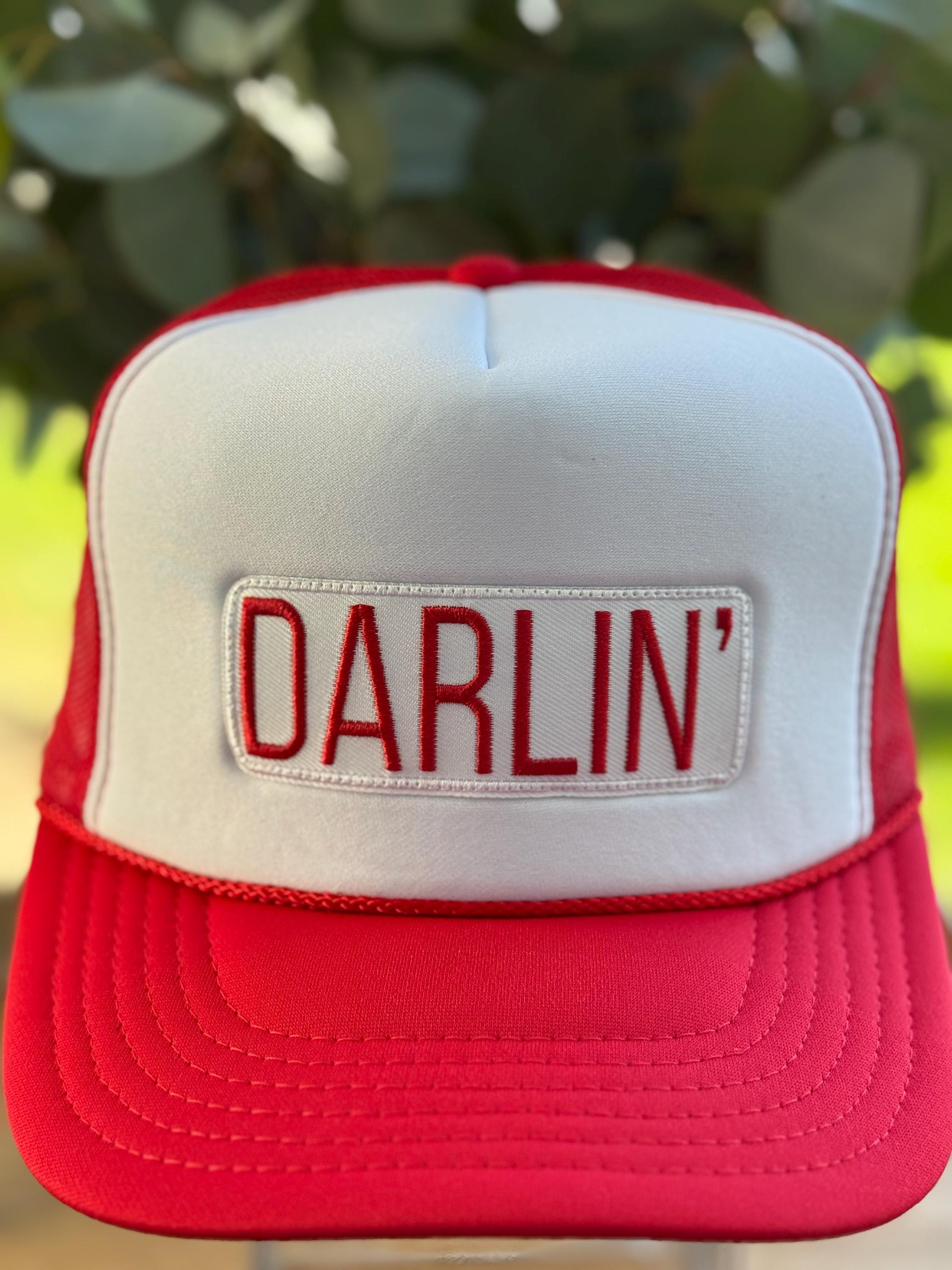 Darlin' Trucker Hat – Red White Retro Baseball Cap, Adjustable Snapback