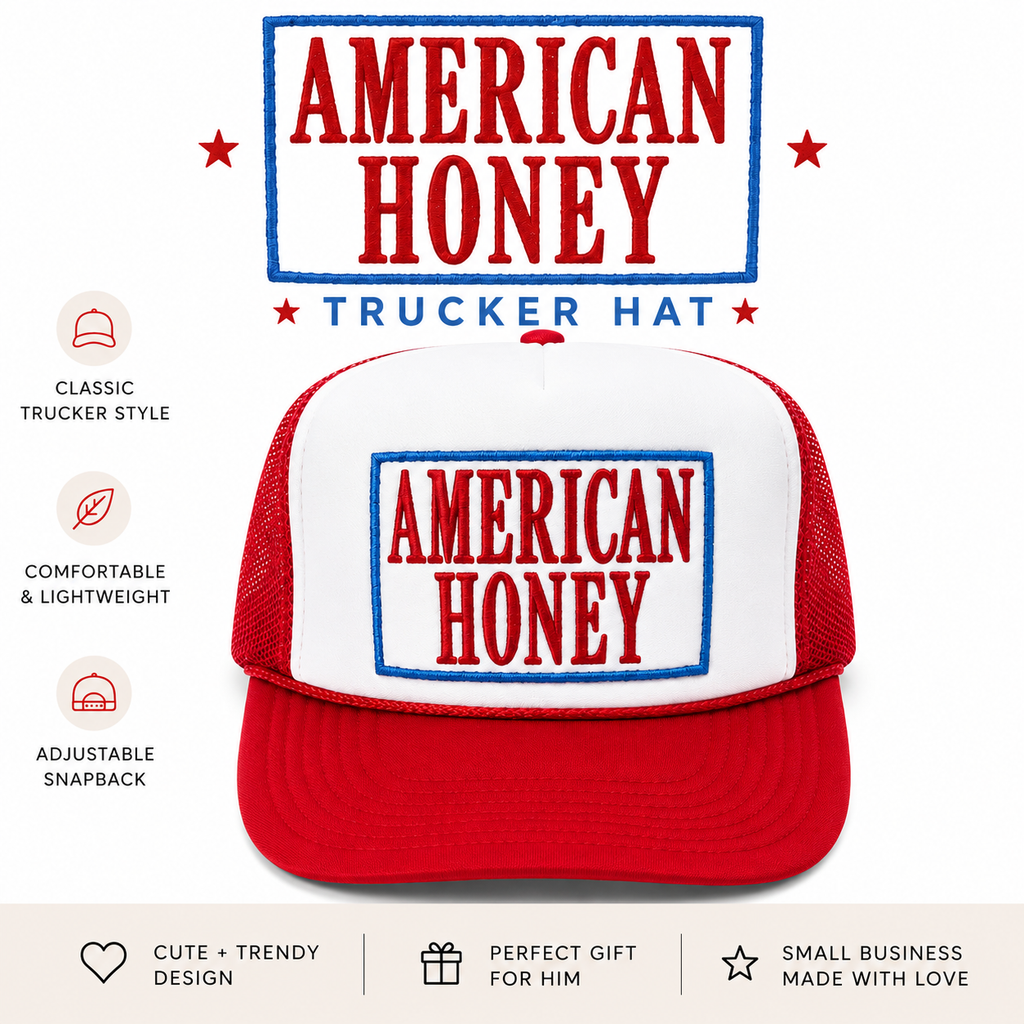 American Honey Trucker Hat – Red & White Vintage Style Snapback, Patriotic Country Western Cap