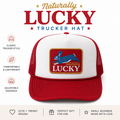 Naturally Lucky Trucker Hat – Red & White Foam Mesh Hat, Lucky Rabbit Patch, Vintage Americana Snapback