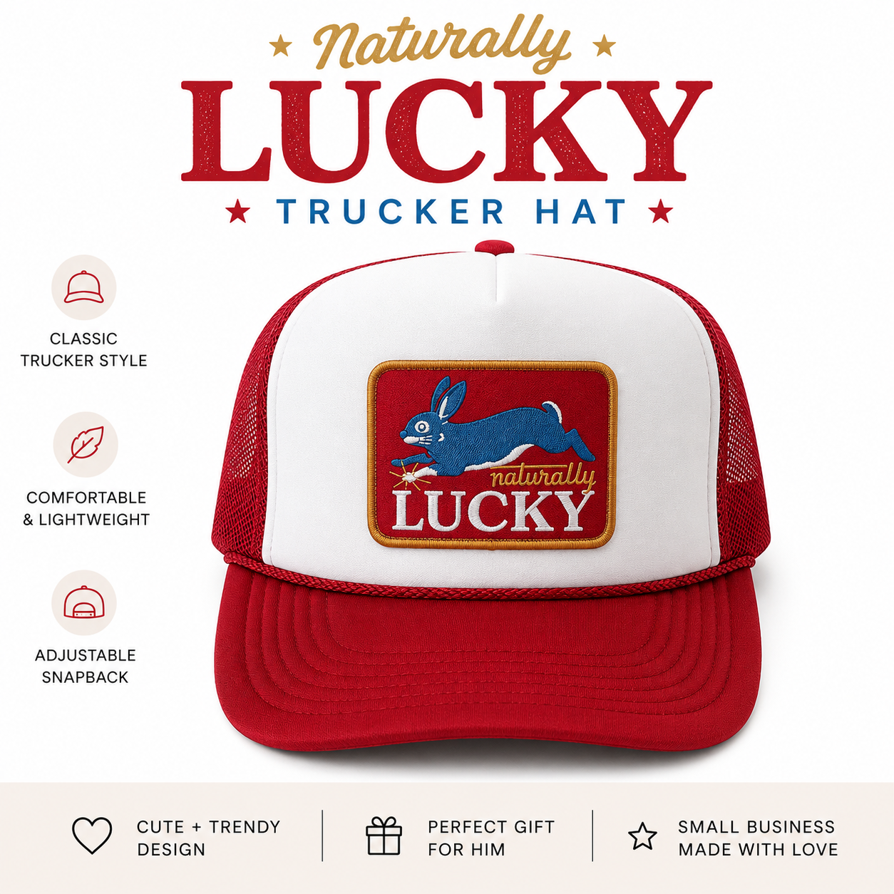 Naturally Lucky Trucker Hat – Red & White Foam Mesh Hat, Lucky Rabbit Patch, Vintage Americana Snapback
