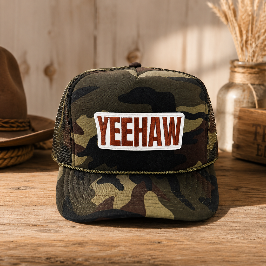 YEEHAW Camo Trucker Hat – Embroidered Western Snapback Cap