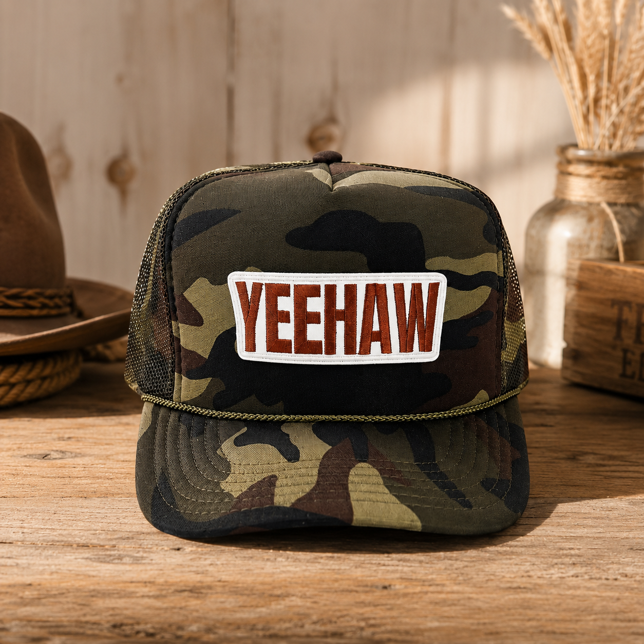 YEEHAW Camo Trucker Hat – Embroidered Western Snapback Cap