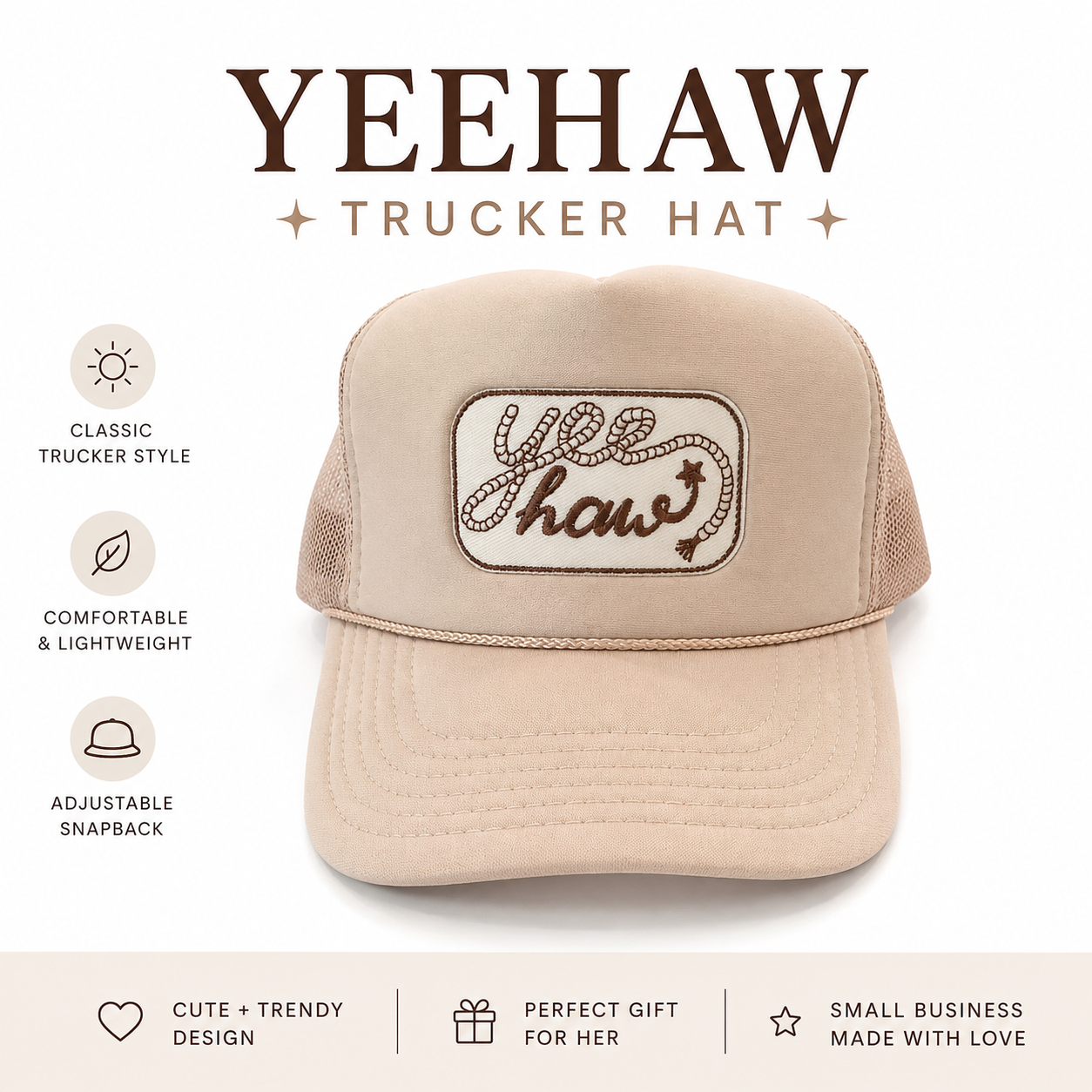 Yee Haw Rope Trucker Hat – Western Cowgirl Cap – Neutral Beige Mesh Snapback – Country Western Style Hat – Rodeo Outfit Accessory