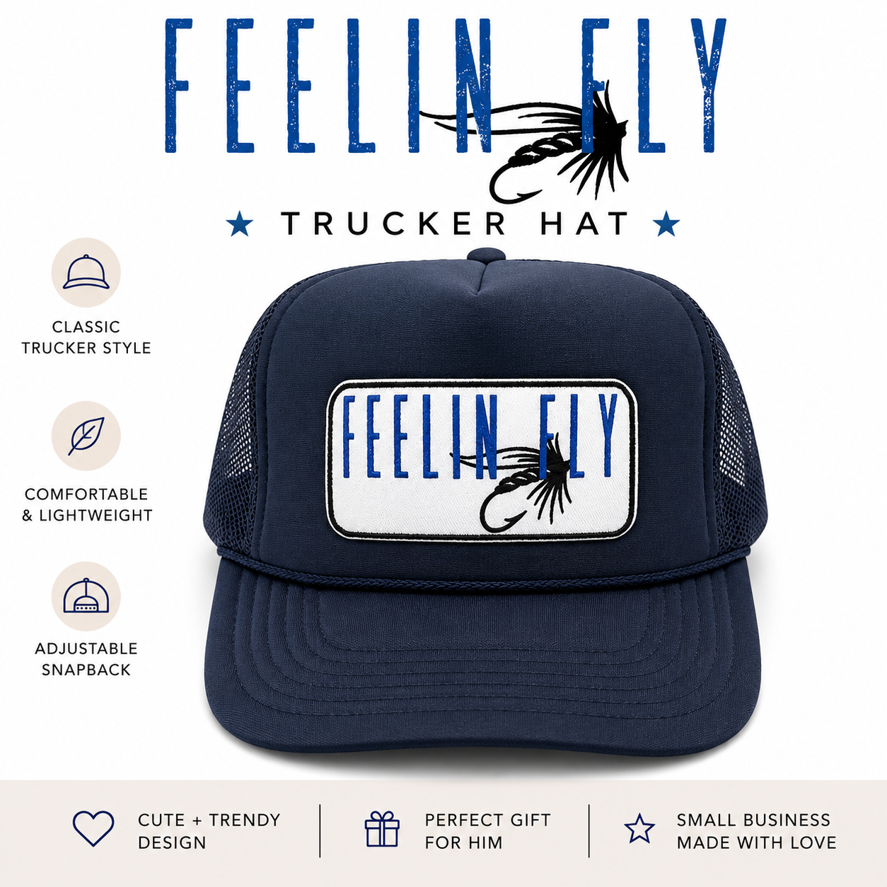 Feelin’ Fly Trucker Hat | Fishing Trucker Hat | Fly Fishing Hat | Navy Mesh Trucker Cap | Outdoor Fishing Gift | Unisex Hat