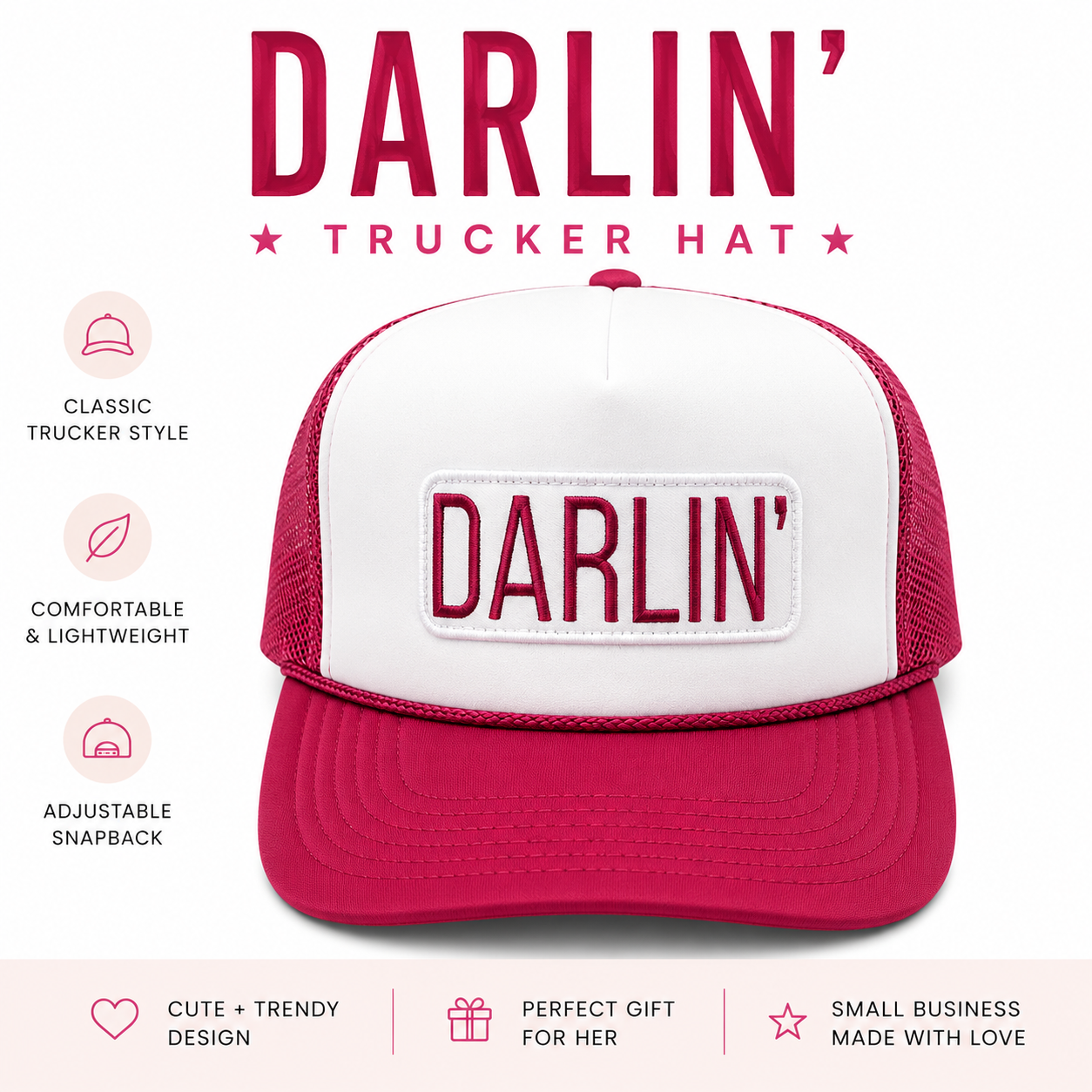 Darlin' Trucker Hat – Red White Retro Baseball Cap, Adjustable Snapback