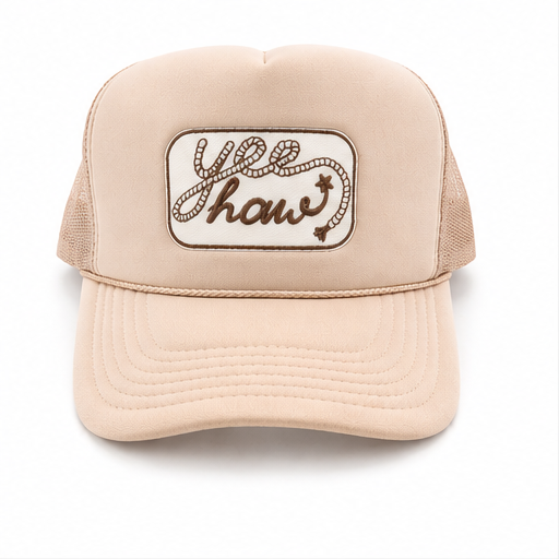 Yee Haw Rope Trucker Hat – Western Cowgirl Cap – Neutral Beige Mesh Snapback – Country Western Style Hat – Rodeo Outfit Accessory
