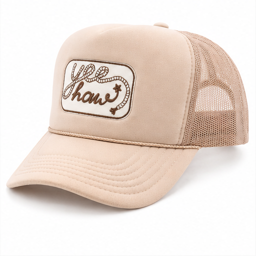 Yee Haw Rope Trucker Hat – Western Cowgirl Cap – Neutral Beige Mesh Snapback – Country Western Style Hat – Rodeo Outfit Accessory