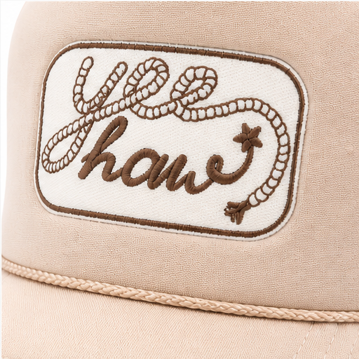 Yee Haw Rope Trucker Hat – Western Cowgirl Cap – Neutral Beige Mesh Snapback – Country Western Style Hat – Rodeo Outfit Accessory