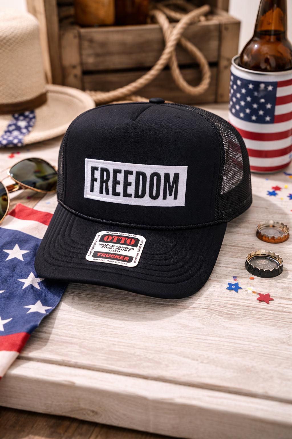 Black Freedom Trucker Hat | White Embroidered Patch, Unisex Americana Style