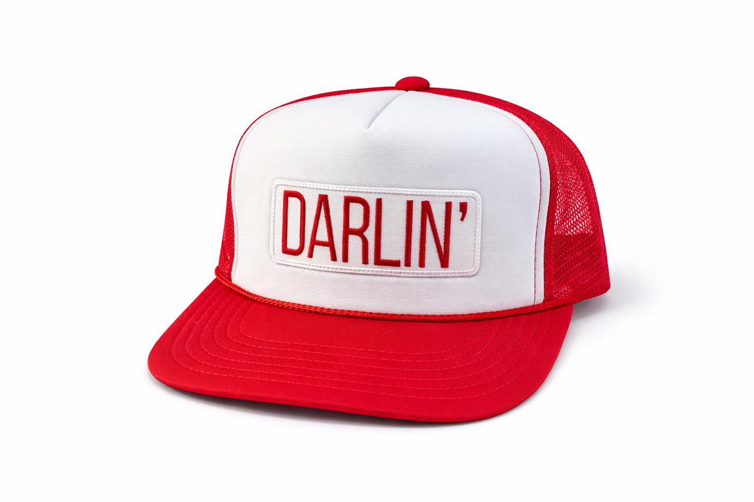 Darlin' Trucker Hat – Red White Retro Baseball Cap, Adjustable Snapback