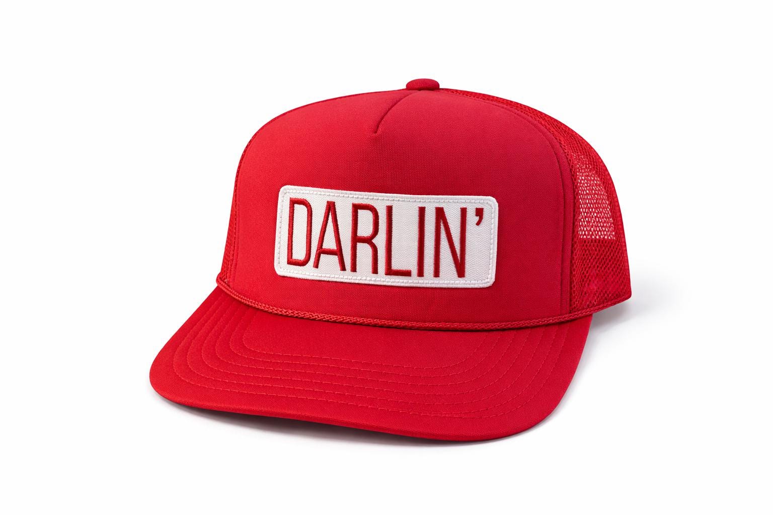 Darlin' Trucker Hat – Red White Retro Baseball Cap – Embroidered Patch Snapback