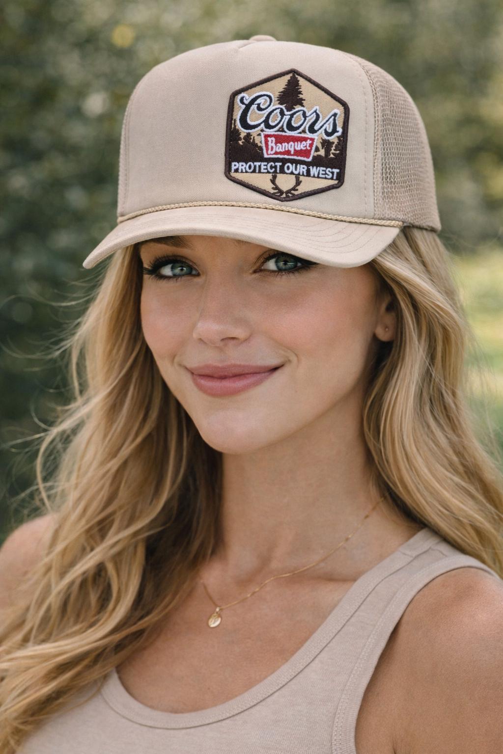 Coors Banquet Trucker Hat | Protect Our West Hat | Beige Western Trucker Cap | Outdoor Lifestyle Hat | Unisex Gift