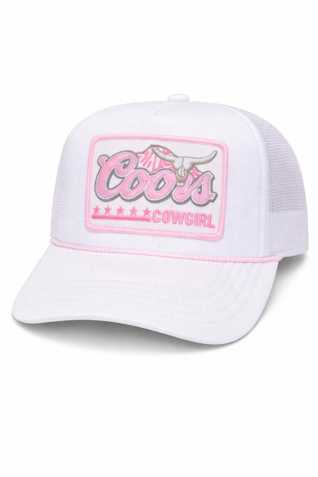 Coors Cowgirl Trucker Hat | White Pink Embroidered Western Cap