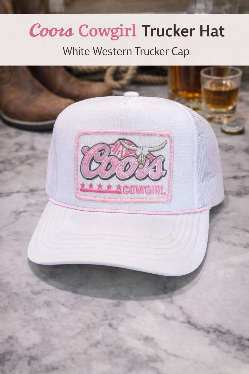 Coors Cowgirl Trucker Hat | White Pink Embroidered Western Cap