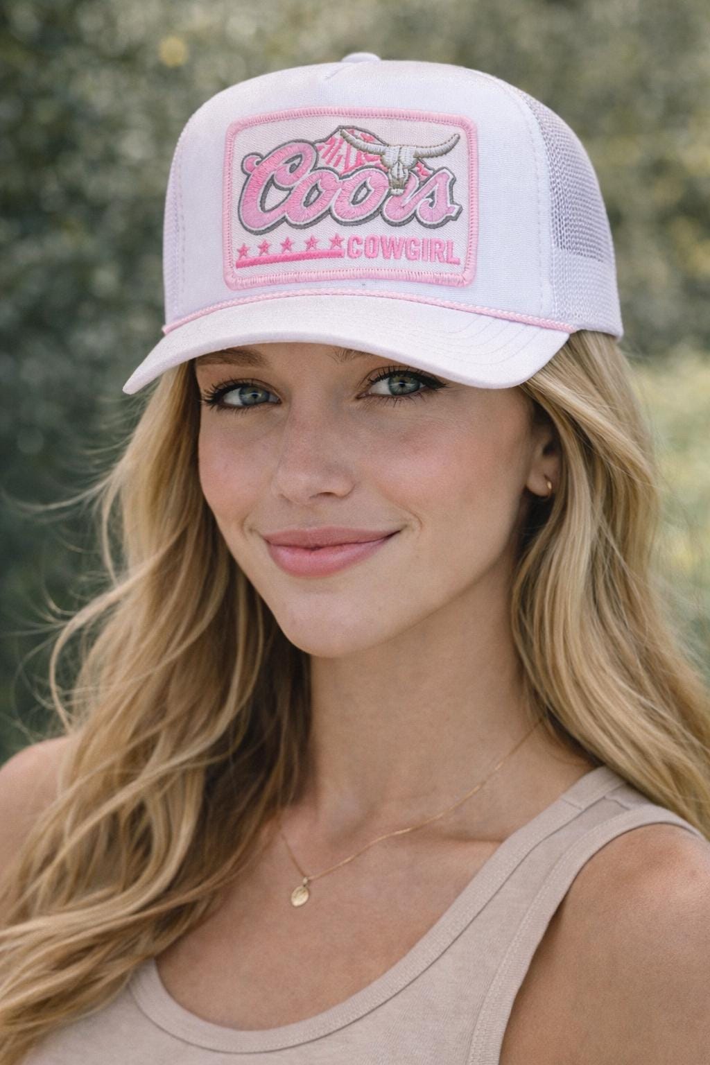 Coors Cowgirl Trucker Hat | White Pink Embroidered Western Cap