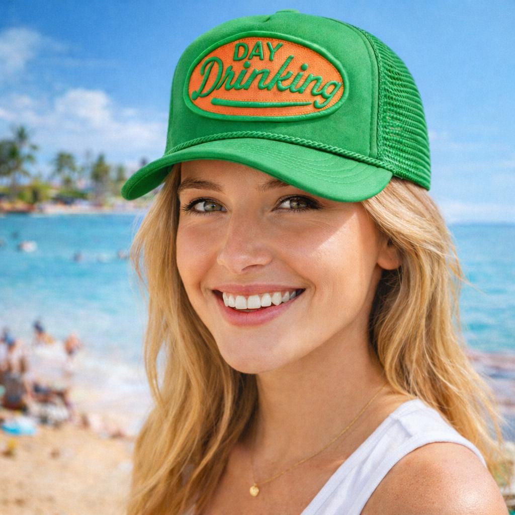 Day Drinking Trucker Hat | Funny Green Snapback Hat | Vintage Style Mesh Cap | Party Hat | Gift for Friends