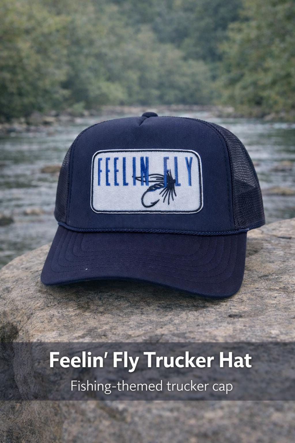 Feelin’ Fly Trucker Hat | Fishing Trucker Hat | Fly Fishing Hat | Navy Mesh Trucker Cap | Outdoor Fishing Gift | Unisex Hat