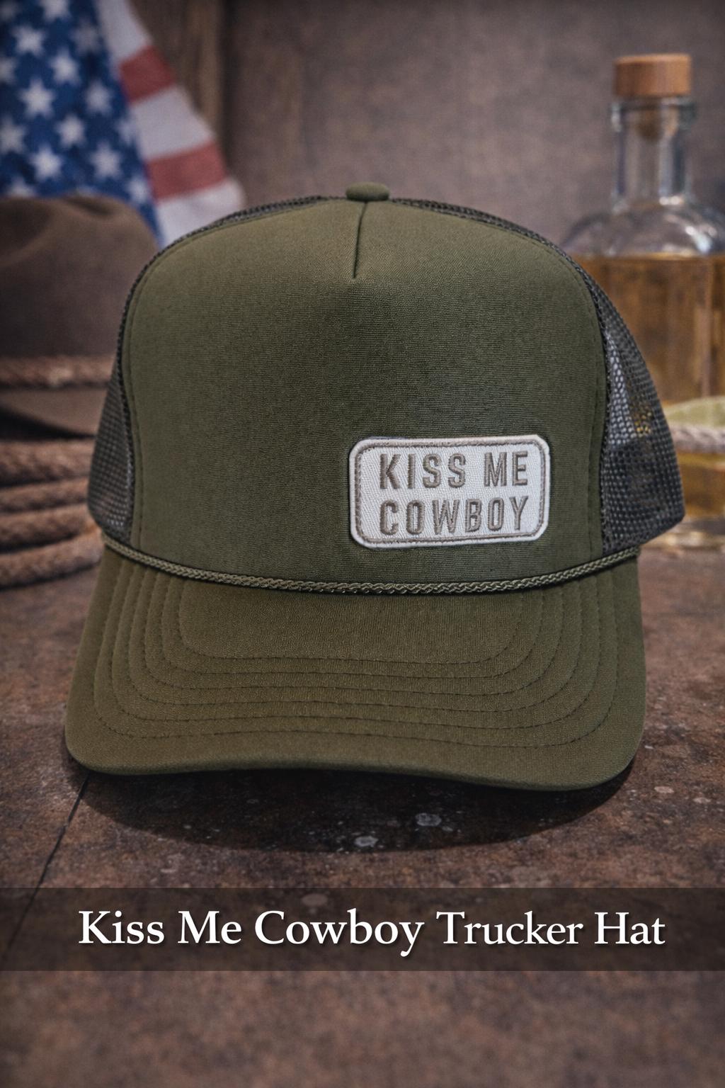 Kiss Me Cowboy Trucker Hat | Olive Green Western Hat | Cute Cowgirl Trucker Cap | Country Concert Hat | Womens Western Gift