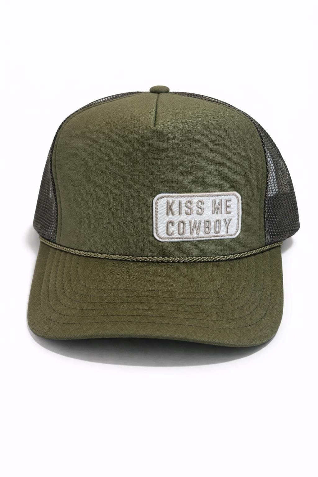 Kiss Me Cowboy Trucker Hat | Olive Green Western Hat | Cute Cowgirl Trucker Cap | Country Concert Hat | Womens Western Gift