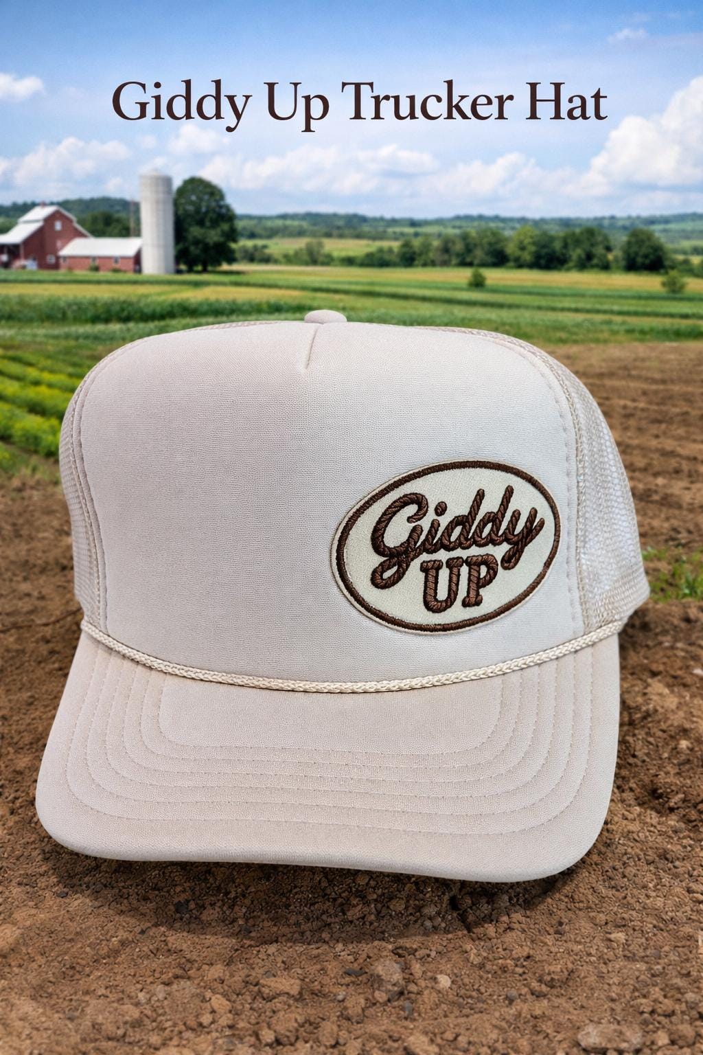 Giddy Up Trucker Hat – Neutral Western Foam Mesh Hat, Cowgirl Style Snapback, Farm & Ranch Hat