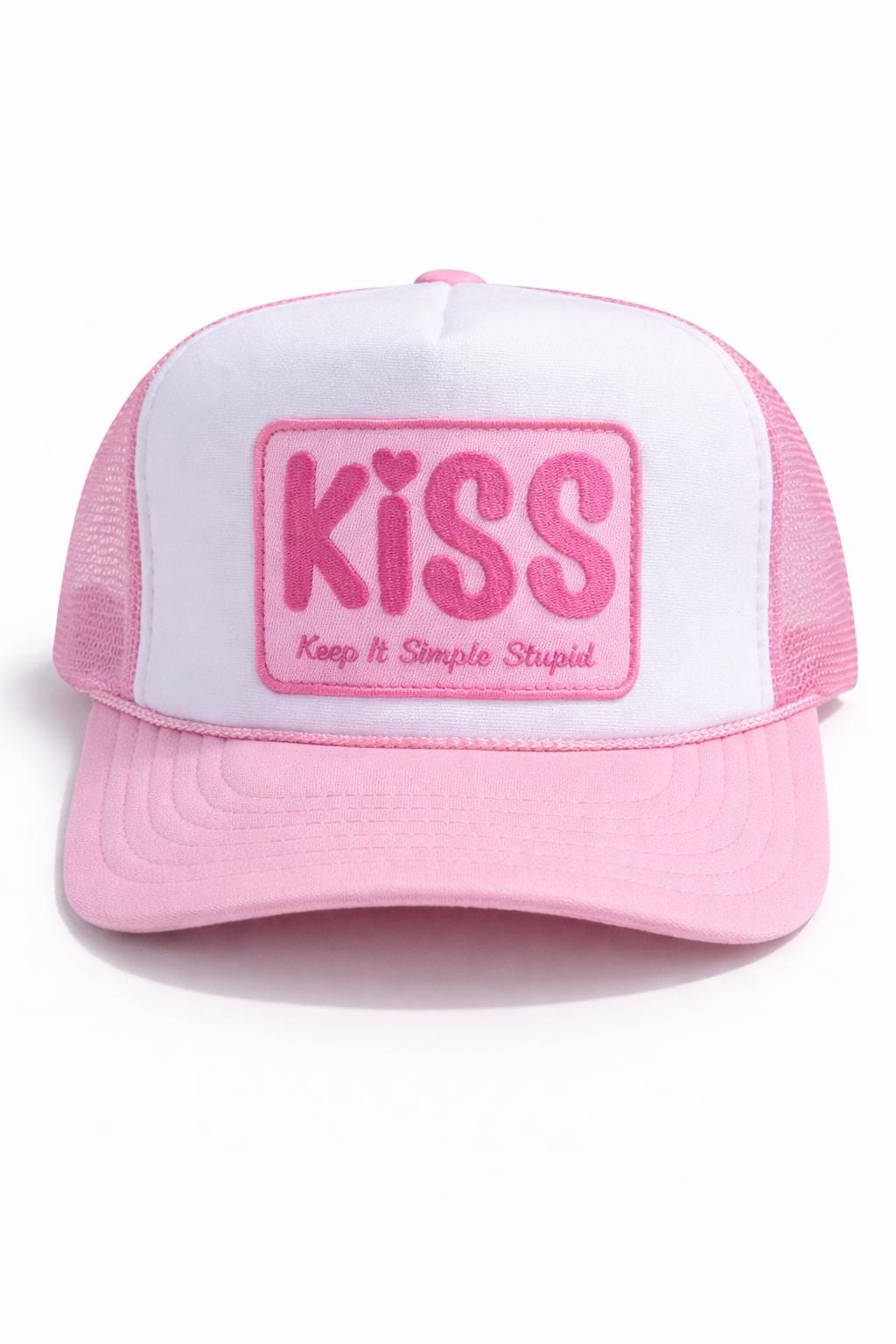 K.I.S.S. Trucker Hat – Pink Foam Mesh Cap | Cute Beach Hat | Keep It Simple Stupid Hat | Summer Trucker Hat