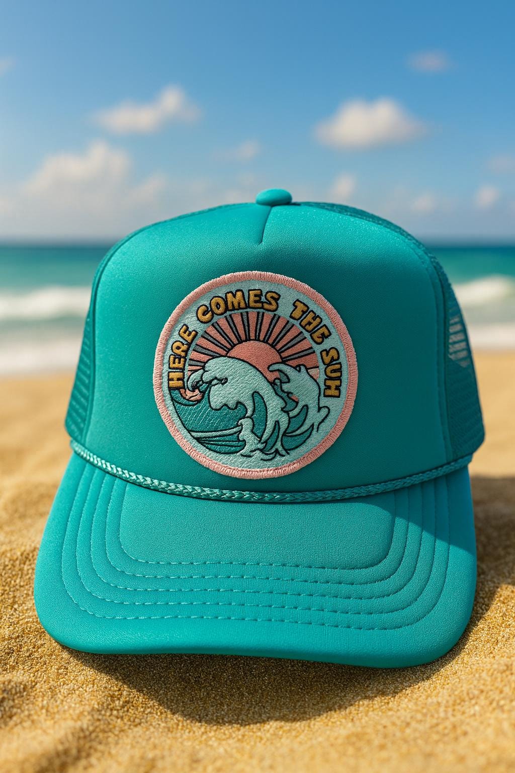 Retro Surf Trucker Hat | "Here Comes the Sun" Wave Patch Cap